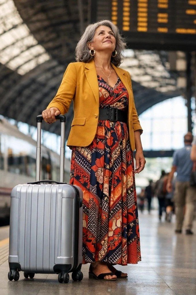 Mustard Blazer and Floral Maxi outfit for women over 70, chic style idea 48