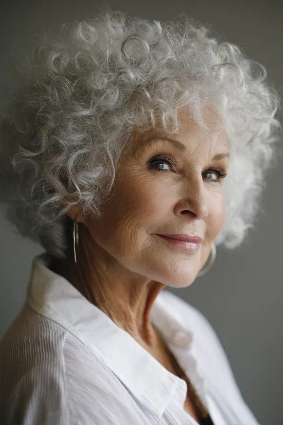 Fresh white curly bob for older women