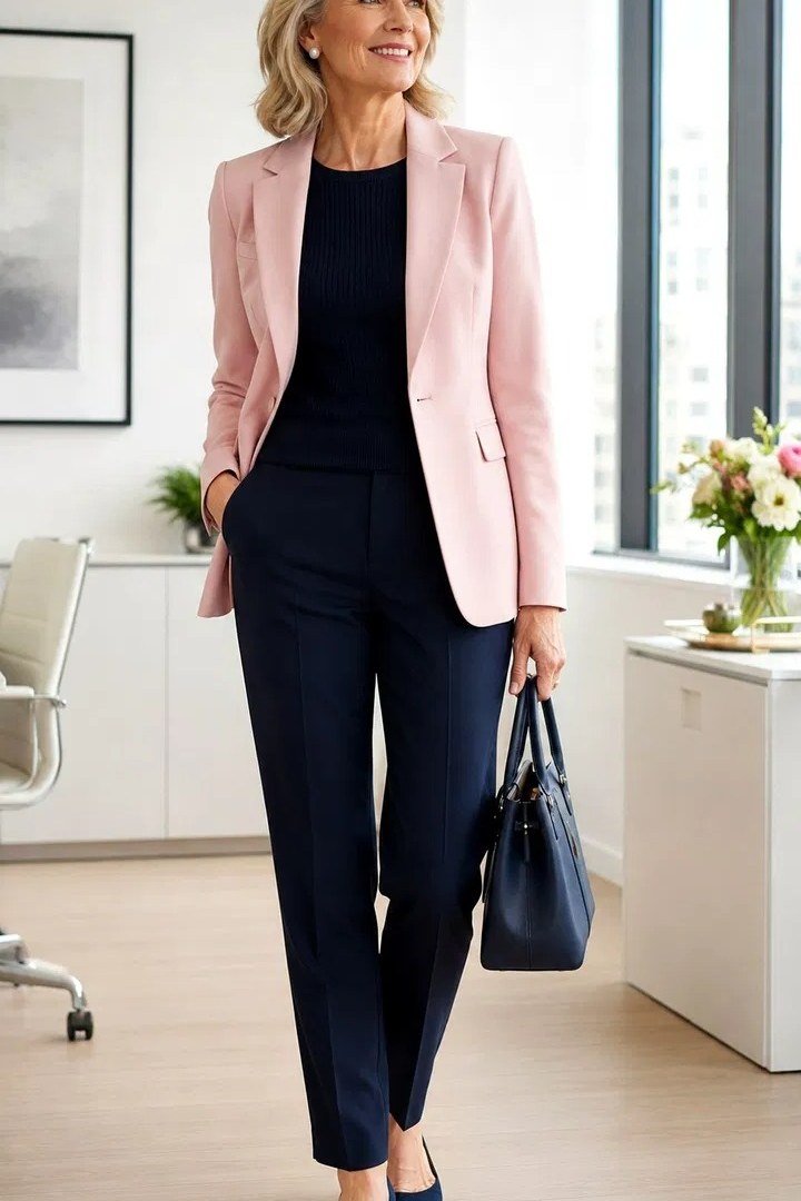 Pink blazer with navy trousers in an office