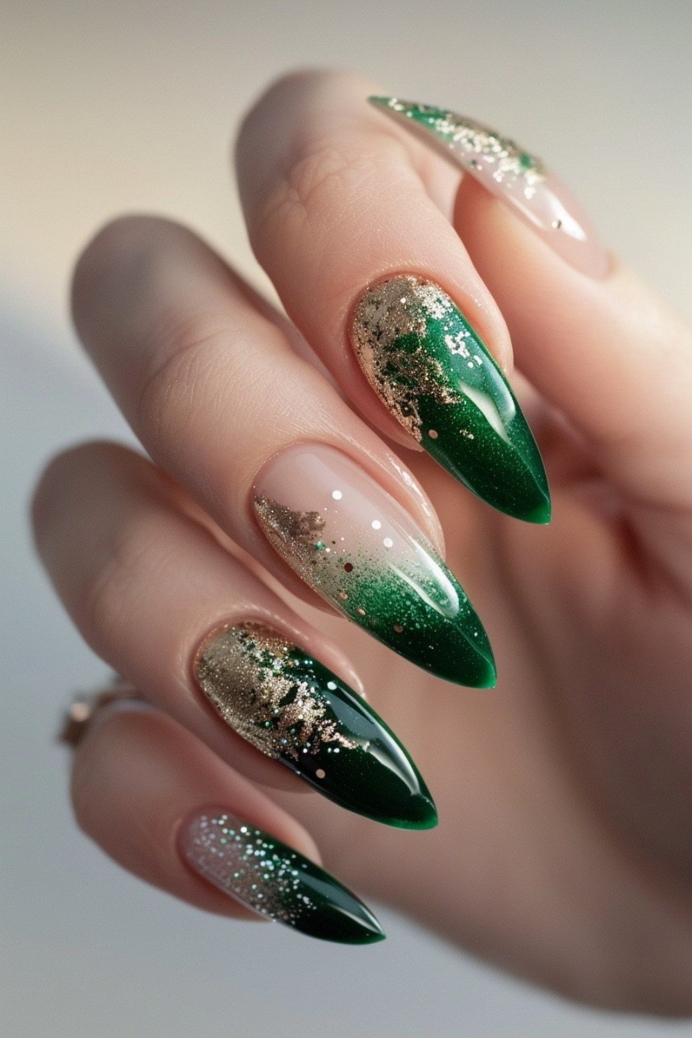 Emerald green with gold glitter ombre almond, elegant fall nail design for women over 40