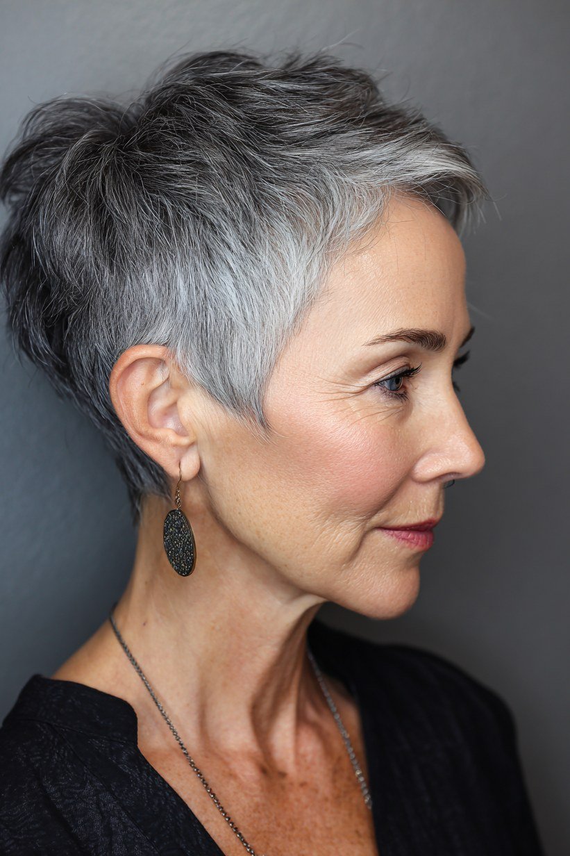 Easy short gray pixie for women over 70, side view