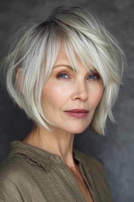 Silver angled bob with precision cut - trendy short haircut for older women with fine hair
