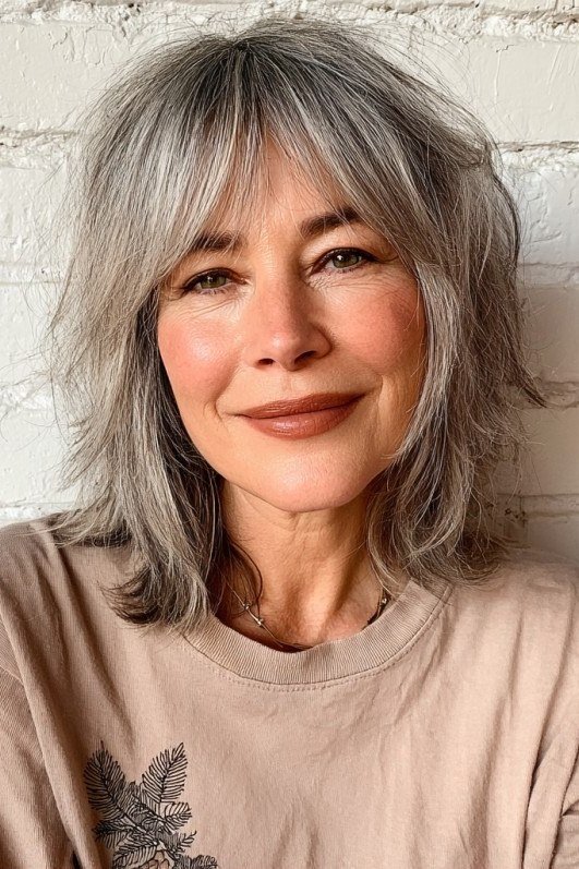 textured silver pixie cut, side profile