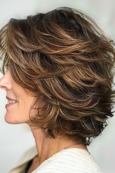 Brown layered bob, side view, woman in her 60s