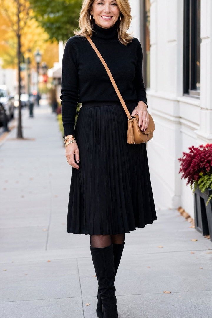 Black Turtleneck With Black Pleated Skirt - flattering outfit idea for women over 50, how to dress better over 50