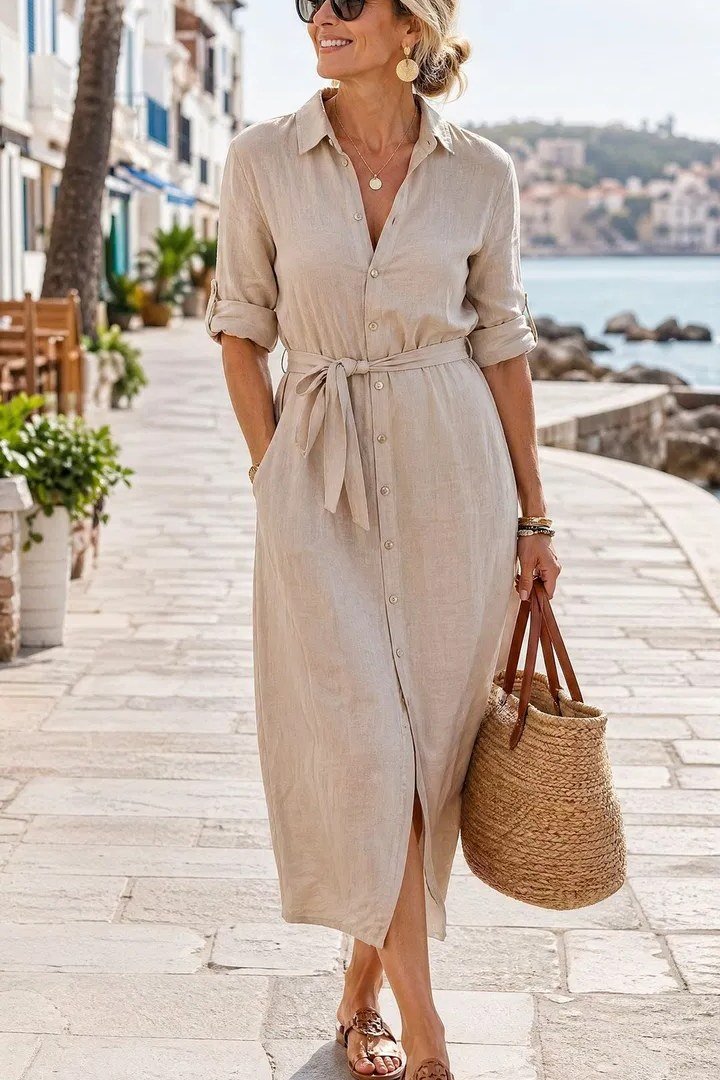 Beige belted shirt dress with straw bag, easy resort outfit for women over 40