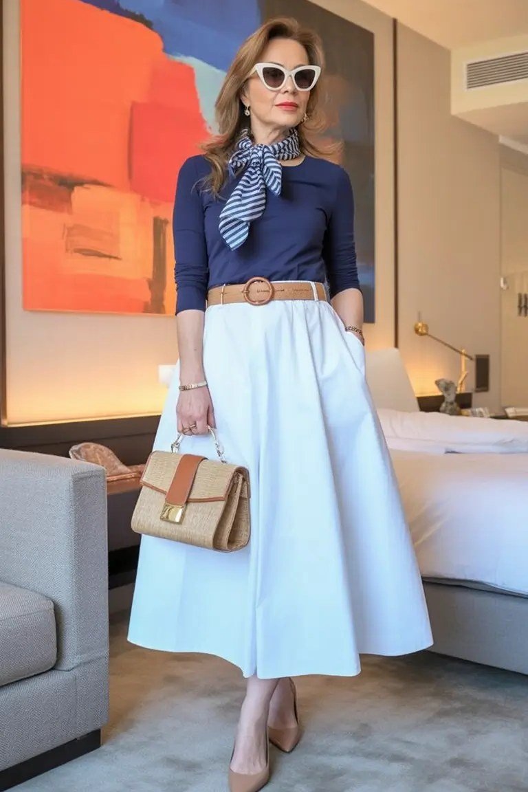 Navy Top, White Midi Skirt and a Striped Neck Scarf, smart casual outfit for women over 50