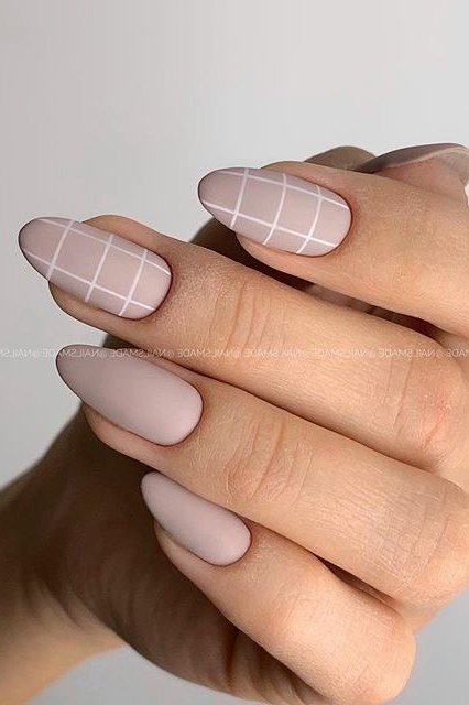 Nude Almond with White Grid Art - elegant nude nail design for women over 60