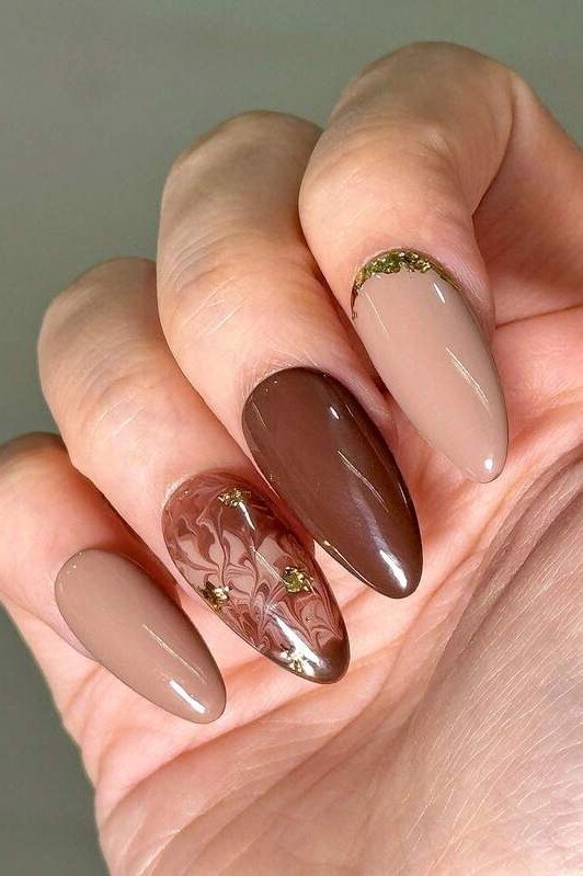 Nude and Chocolate Nails with Gold Cuticle, chocolate brown fall nail design for women over 60