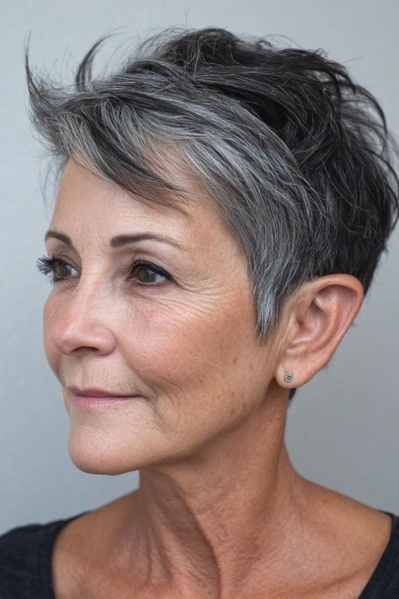 silver pixie bob haircut for older women, side view
