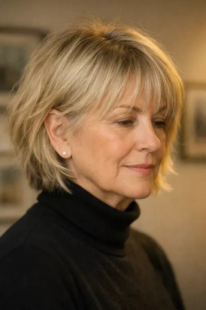 Blonde shaggy bob, side three-quarter view, feathered layers, timeless hairstyle for women over 70