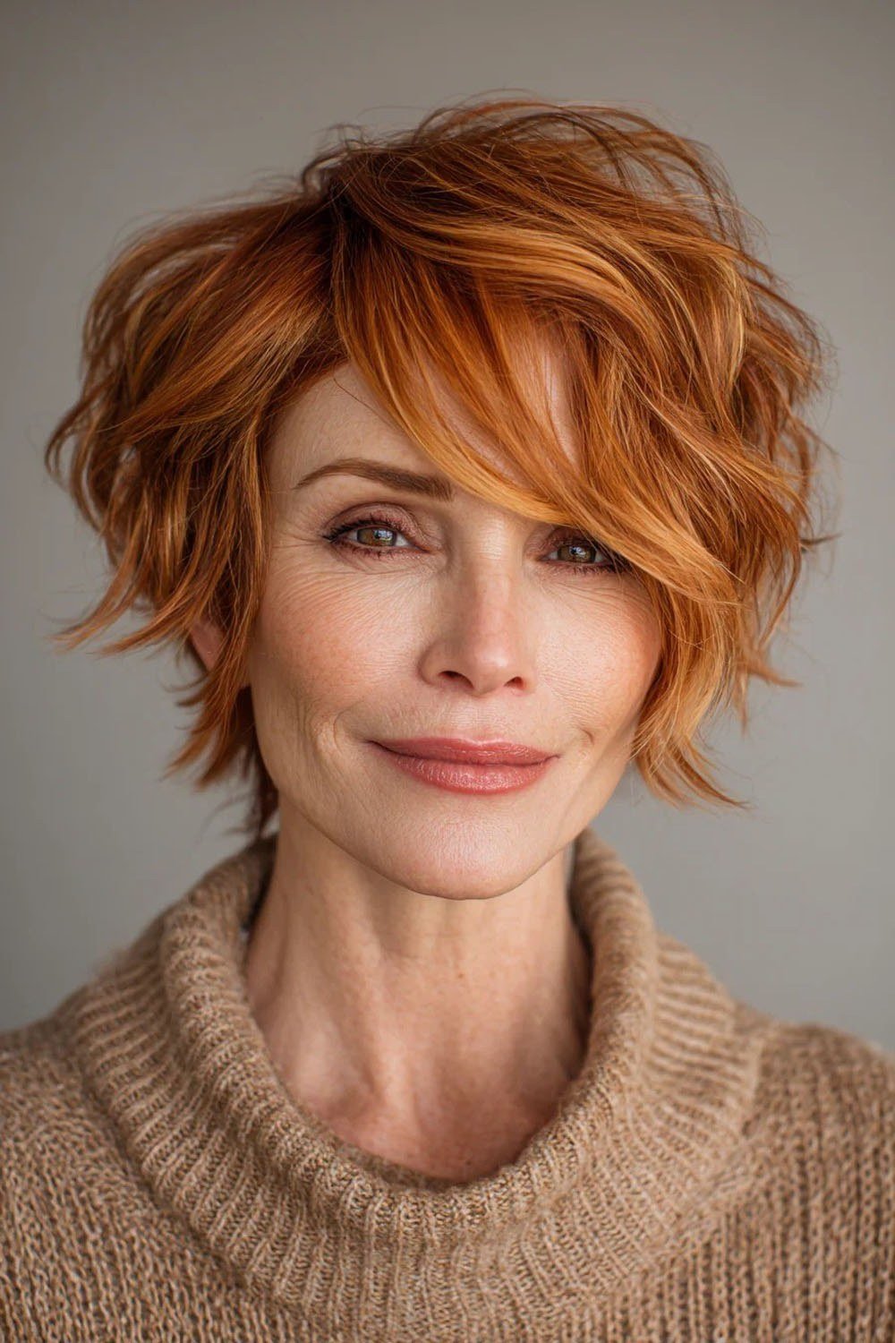Strawberry blonde wavy bixie with bangs front view for women over 60