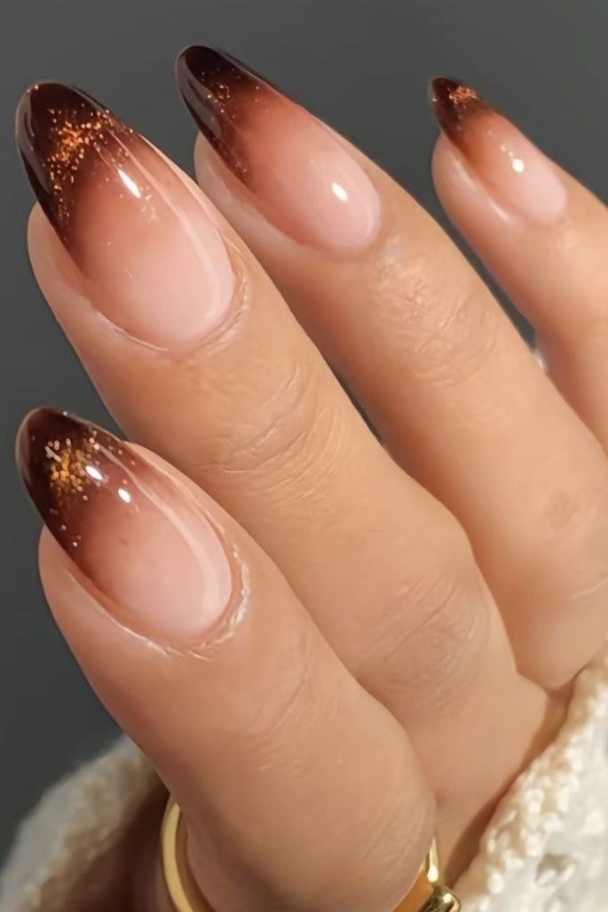 Brown Glitter Ombre Almond Nails - brown nail idea for women over 50