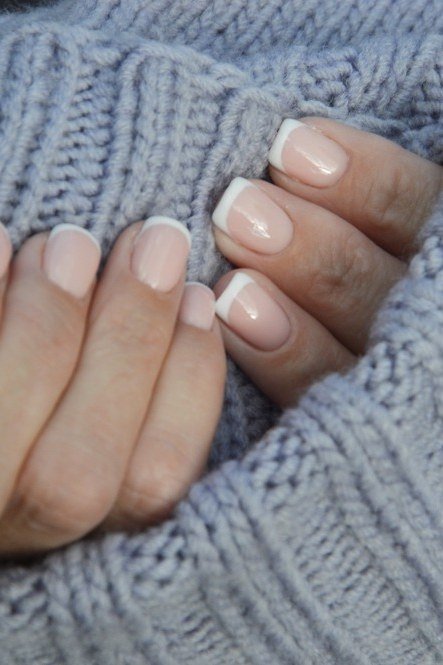 Nude Nails in a Grey Knit Sweater - winter nail trend for older women over 70