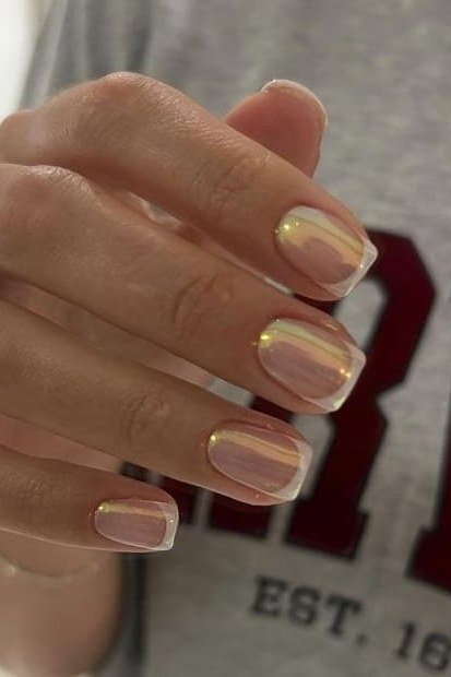 Champagne Chrome on Short Oval Nails - chrome nail designs for women over 60