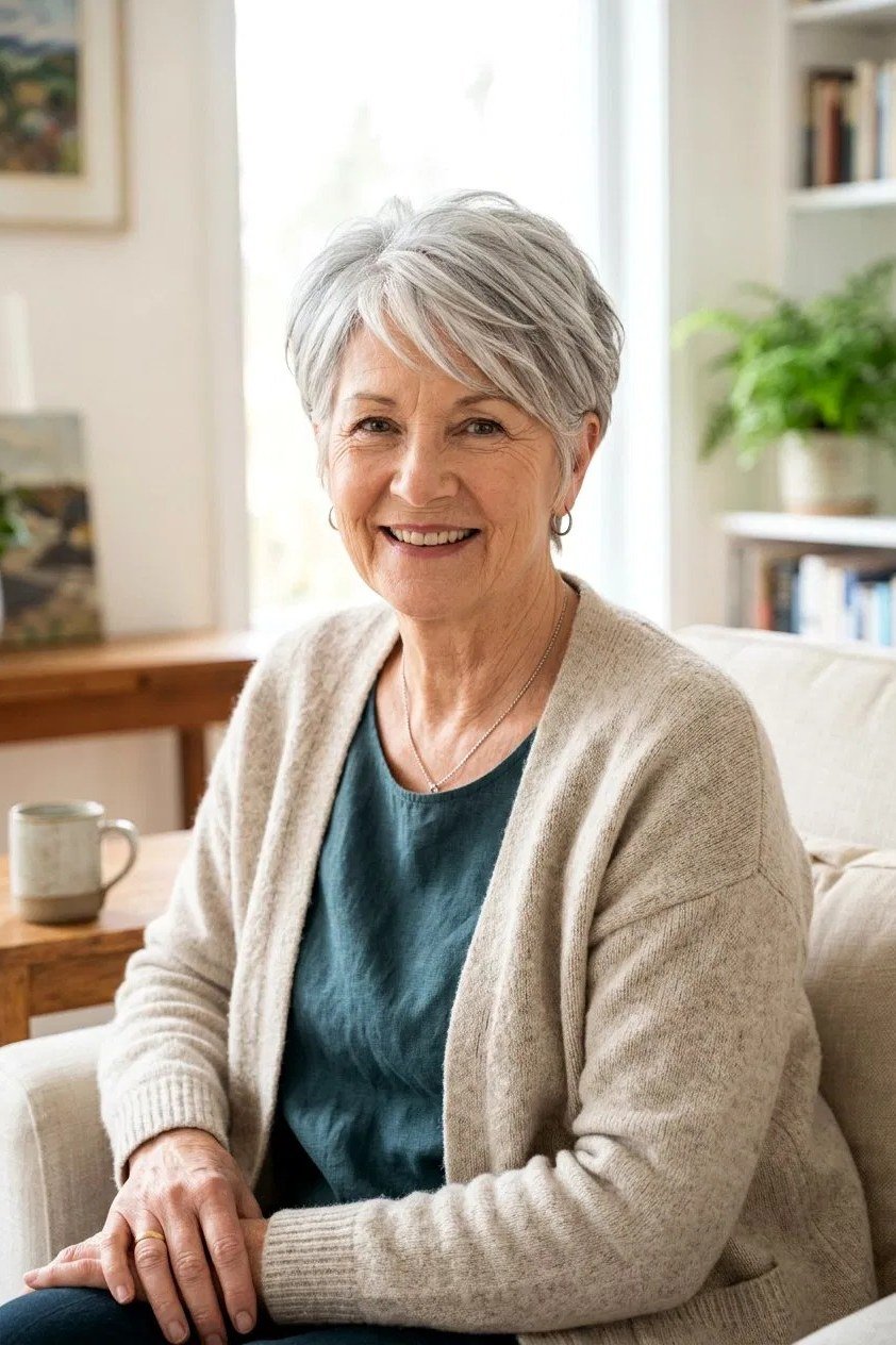 Gray Pixie with Cozy Layers - sassy hairstyle for older women