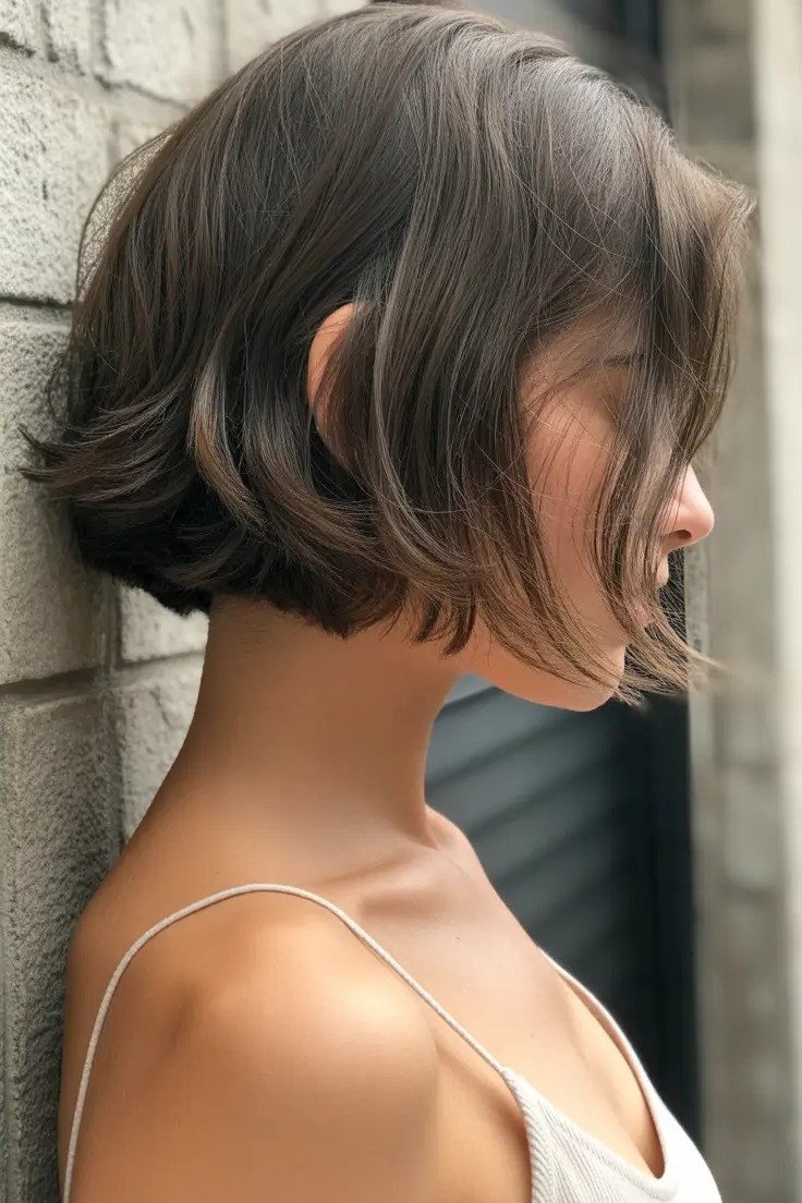 espresso brown layered bob, side view — chin-length layered bob hairstyle for women over 50