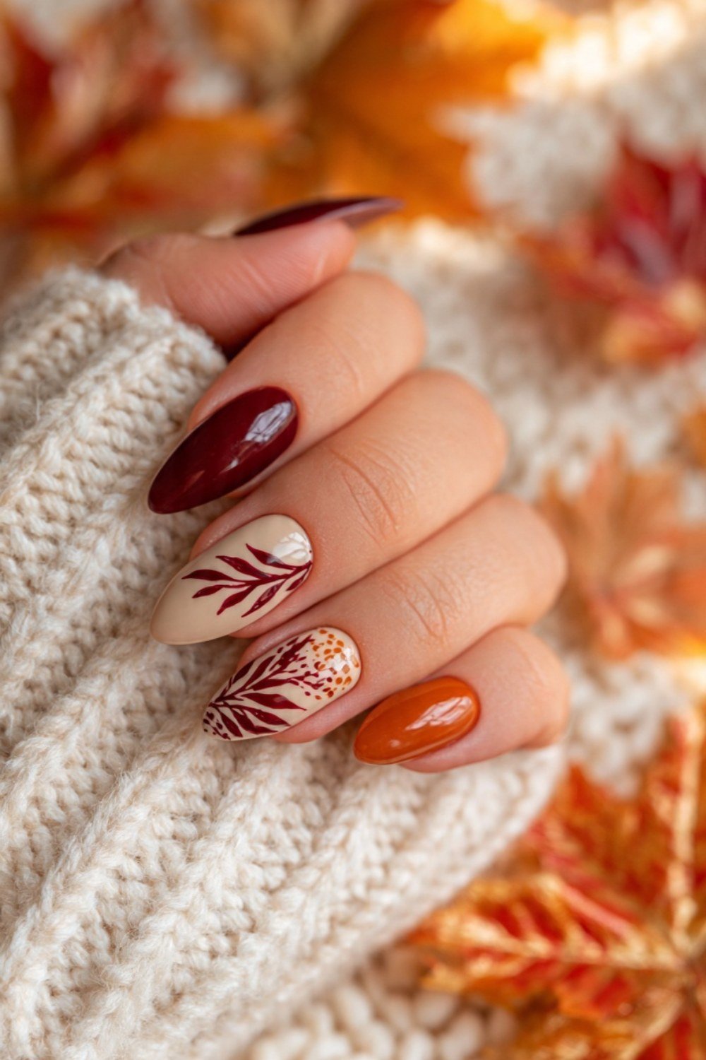 48. Burgundy Nails With Copper Leaf Accents - Thanksgiving nail art idea for women over 50
