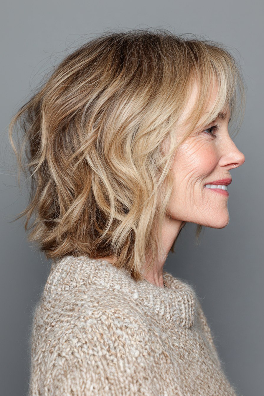 Blonde wavy bob with textured ends in profile for women over 60