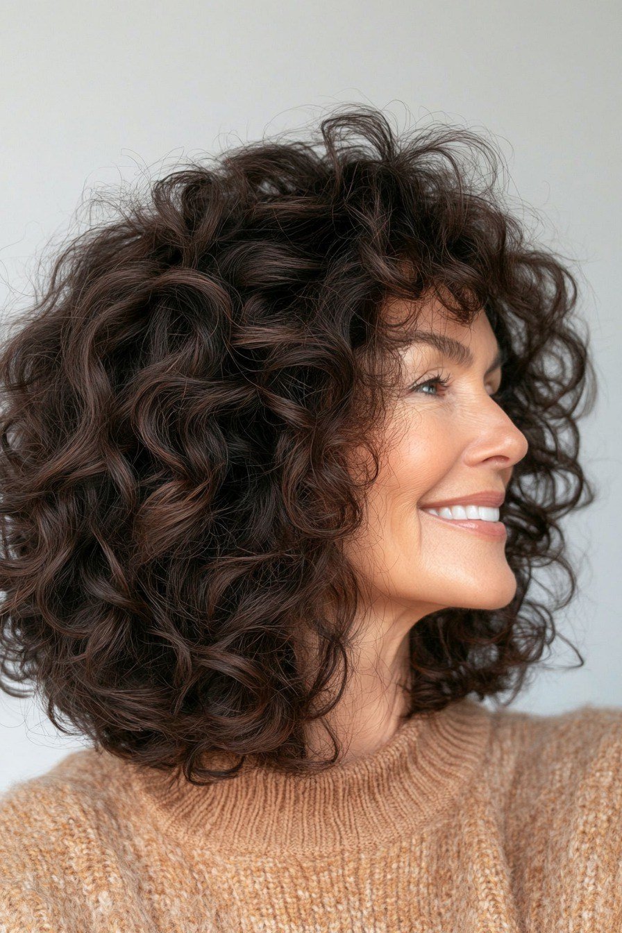 Dark brown side-swept curly lob, side view, mature woman