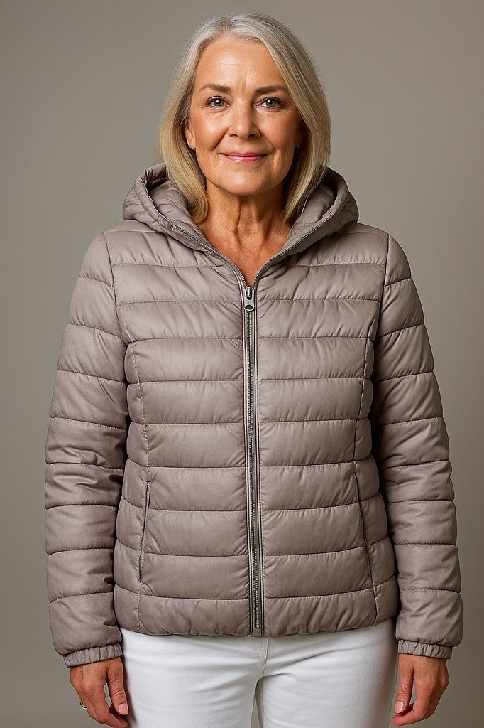 Taupe quilted puffer outfit for women over 60