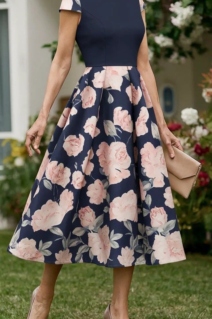 Navy and pink floral fit-and-flare midi dress - wedding guest outfit for women over 50