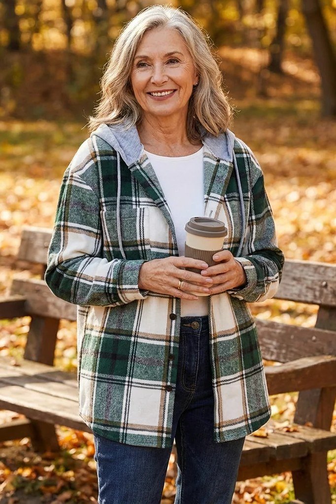 Green plaid shacket with dark jeans, casual fall outfit for women over 50