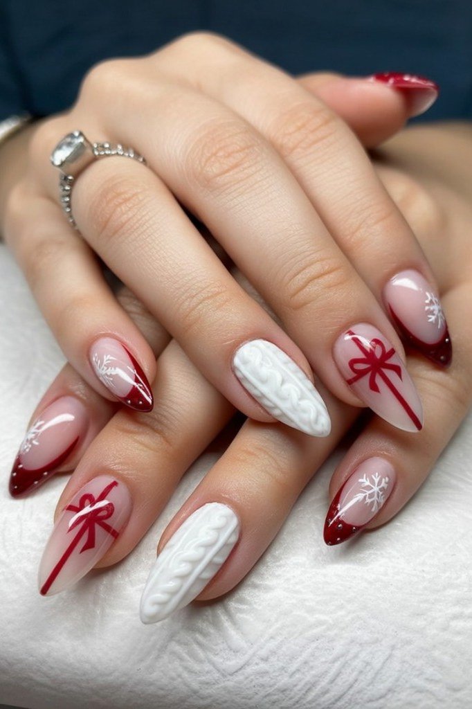 White and Red Nails with Snowflake and Red Bow Art, fun winter nail idea for women over 60