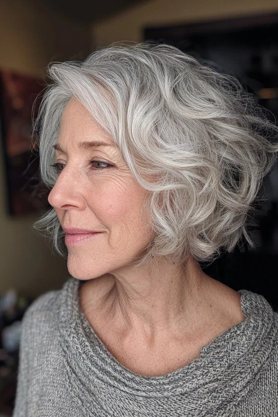 Curly silver-gray hair on an older woman in side profile, medium hairstyle for women over 60