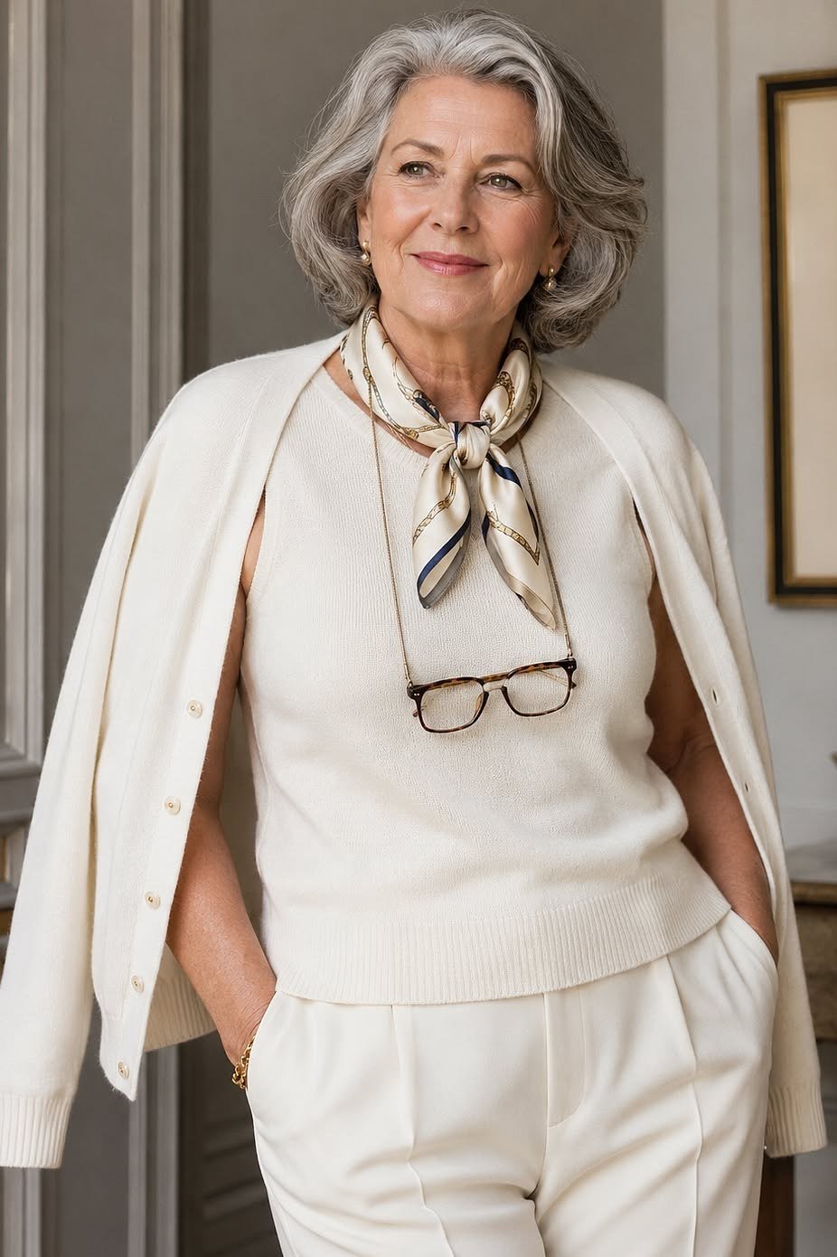 Elegant fall outfit for women over 70: cream knit set with silk scarf