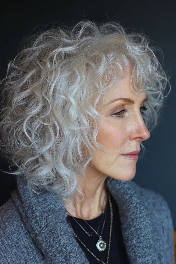 Luminous white curly bob haircut for older women