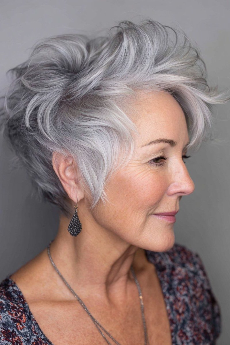 White spiky pixie, profile view, micro pixie cut for women over 60 going silver