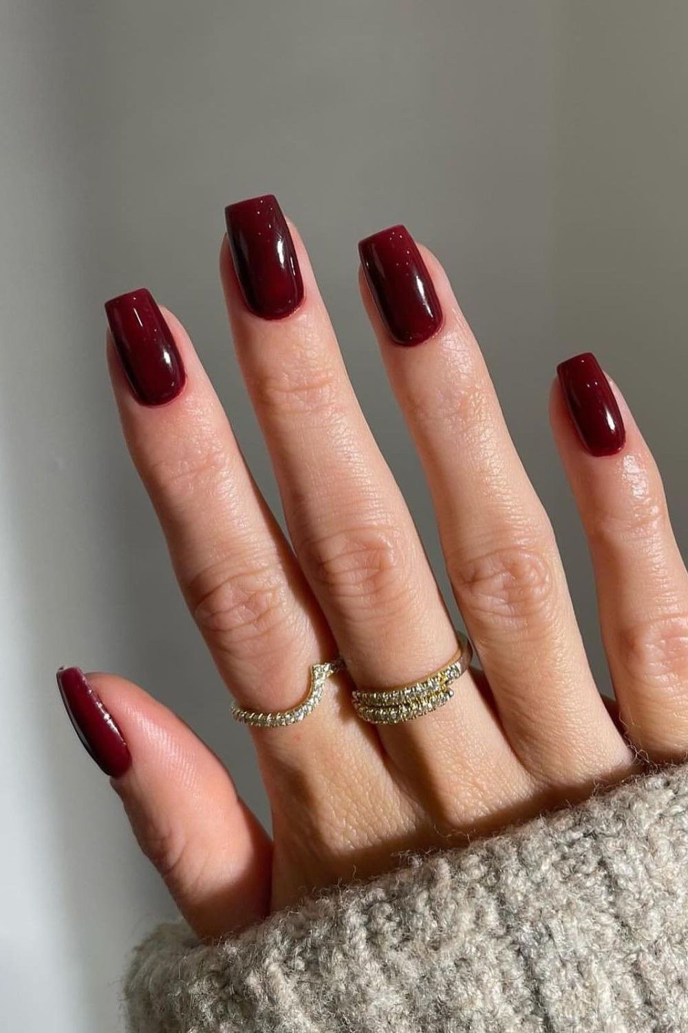 Deep Red Square Nails, fall nail color idea for women over 50