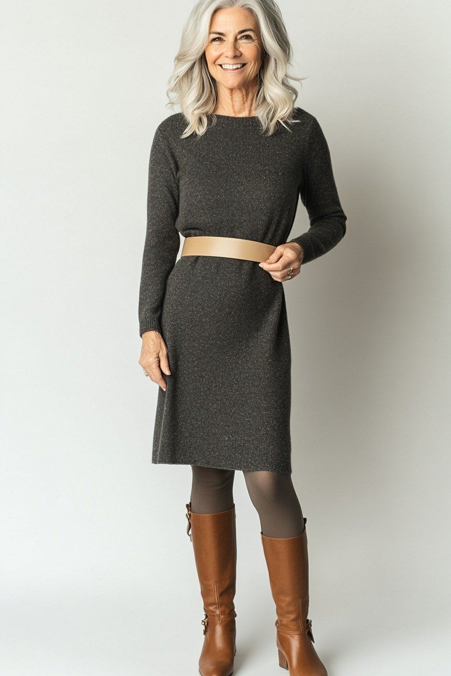 Charcoal sweater dress with tan belt and tan knee-high boots, cozy sweater outfit idea for women over 70