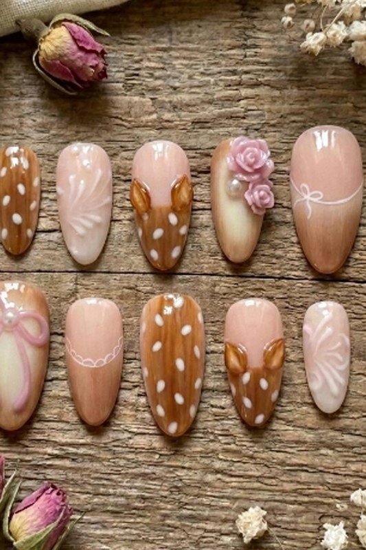 Copper glitter and brown spotted nails fall fawn print nail design