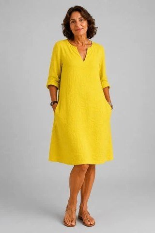 Bright Yellow Linen V-Neck Dress summer outfit idea for women over 60