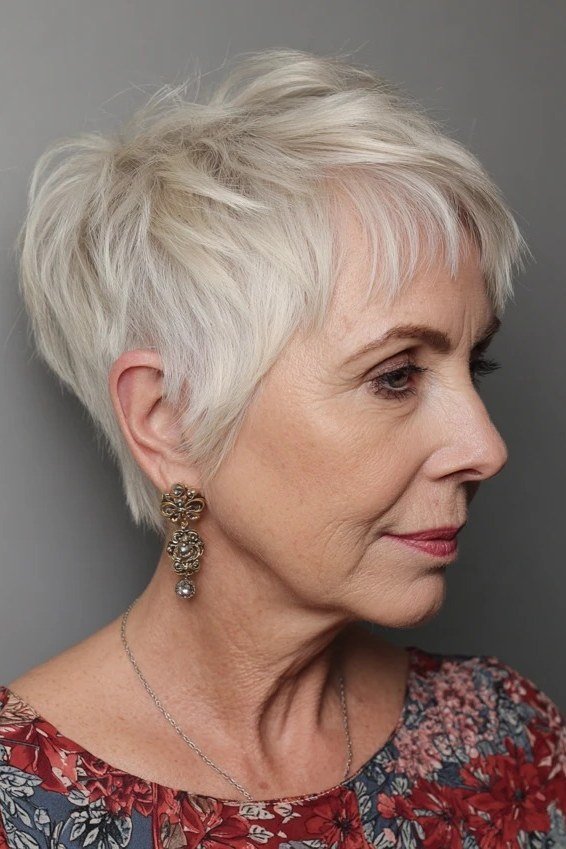 white short textured pixie for women over 50 side view