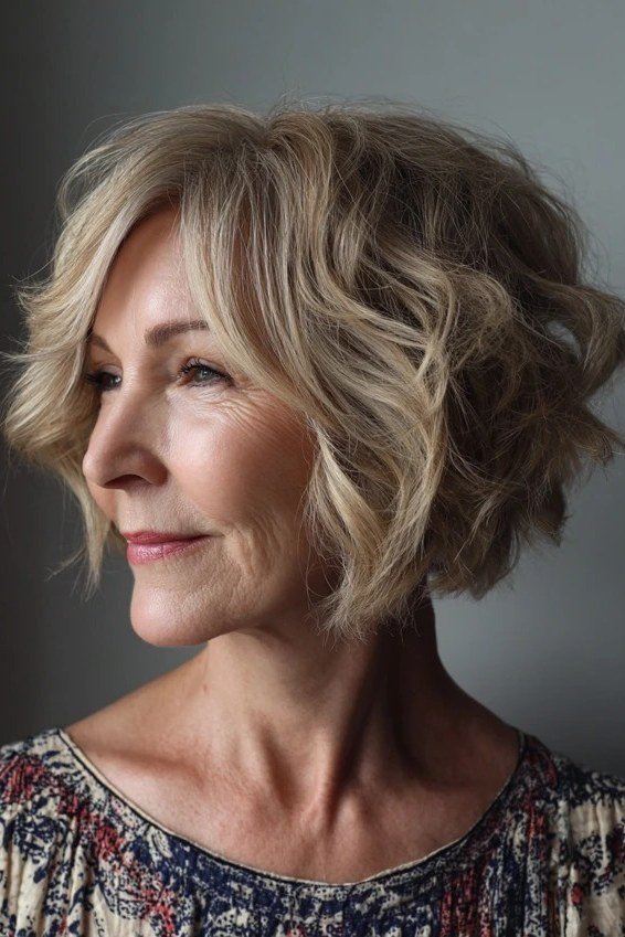 Bronde wavy bob side view, floral top, short layered bob hairstyle for women over 60