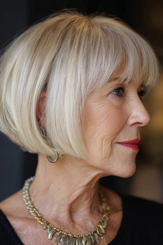 Blonde french bob with side-swept fringe in side profile