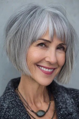 Silver Bob with Bangs - grey shoulder length hairstyle for women over 60