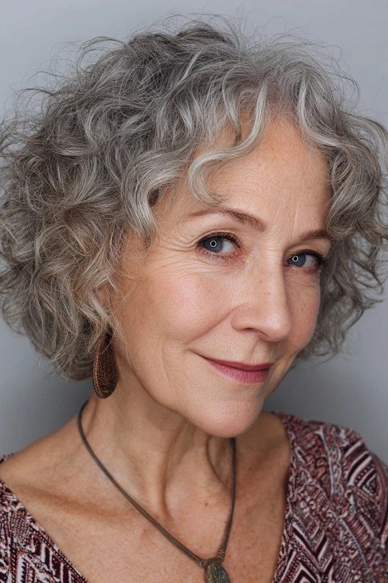 Grey Curly Bob With Natural Texture - short curly hairstyle for women over 60