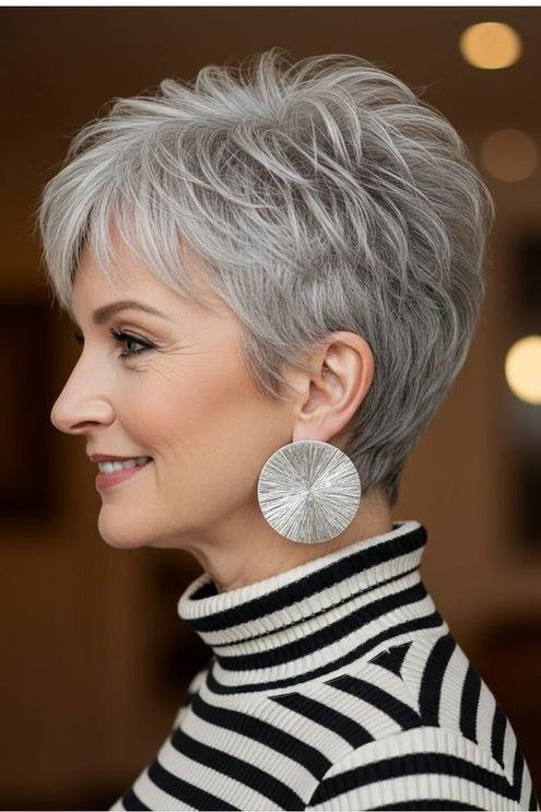 Tapered silver pixie with edge, side profile, for women over 60