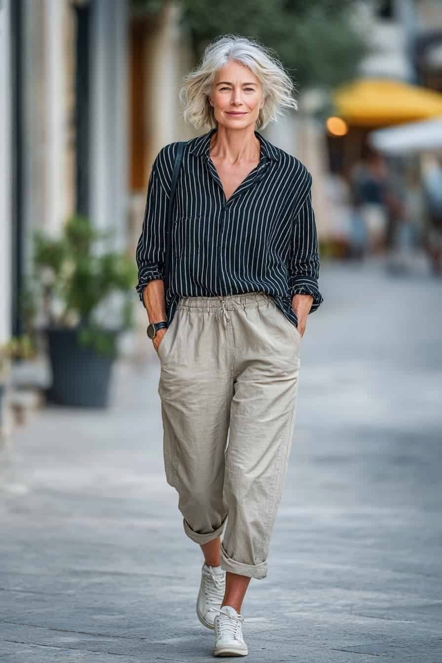 Older woman in a pinstripe shirt with khaki trousers and white sneakers