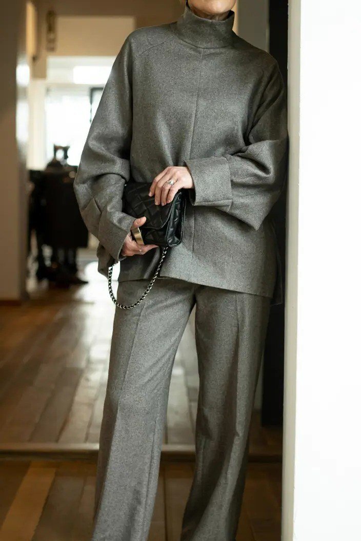 grey turtleneck with grey trousers for women over 50