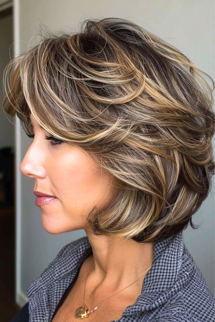 Blonde layered bob, side view - wispy hairstyle for women over 40