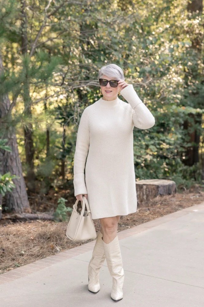 cream cable knit mini with boots for women over 60