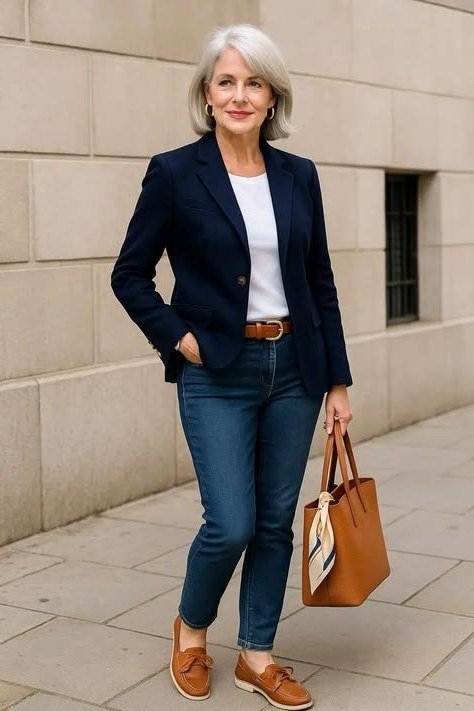 Woman over 60 wearing navy blazer, white tee, medium jeans, tan bag, loafers