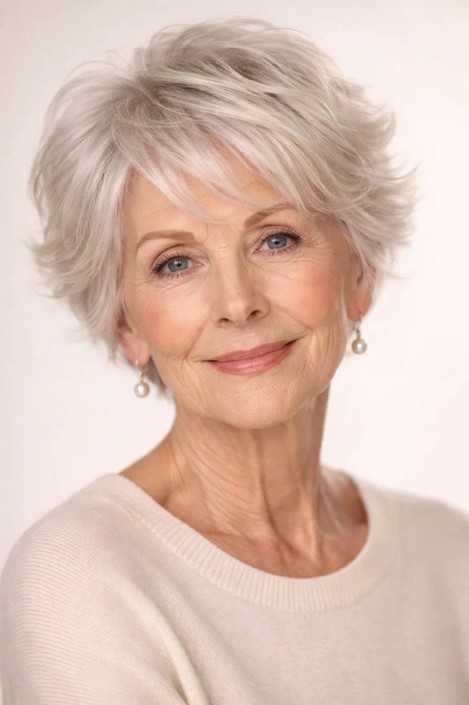 Textured White Pixie, layered hairstyle for women over 70