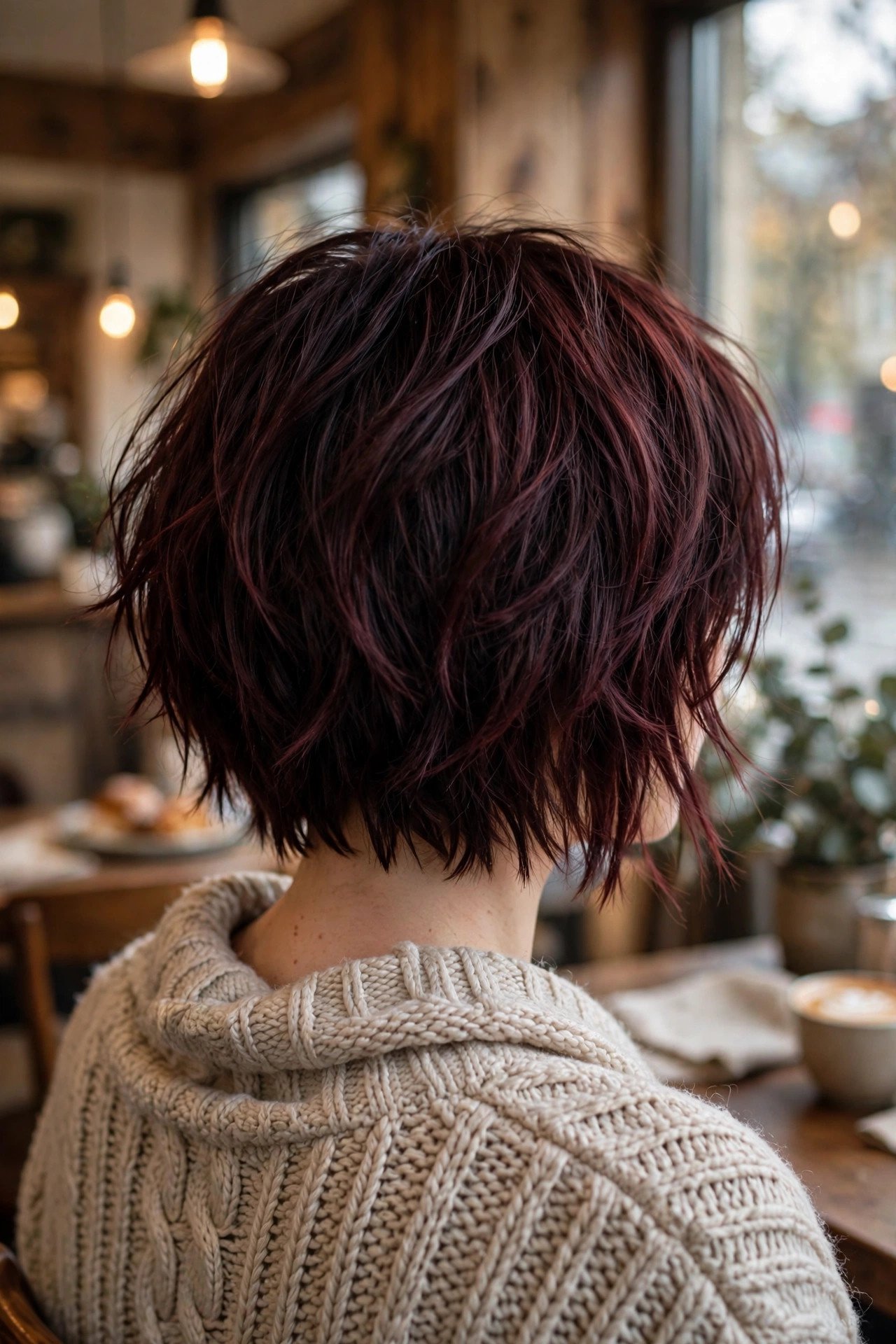 Shaggy bob with burgundy tint