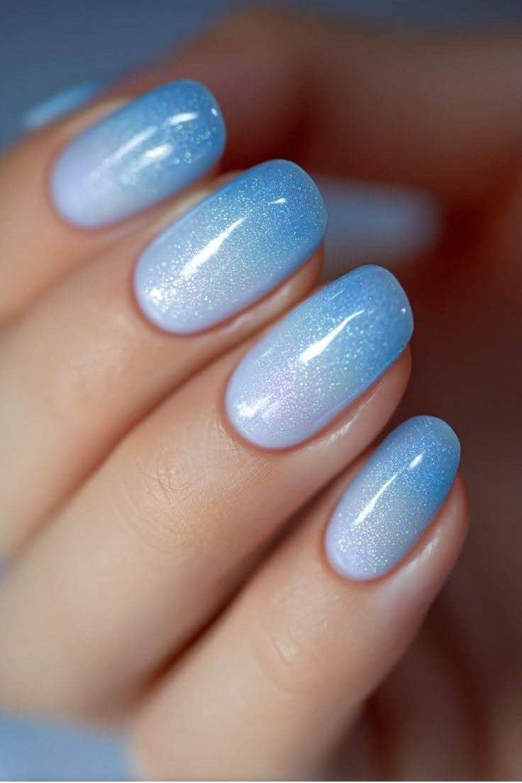 Blue shimmer ombre, short oval nails, ombre nail design for women over 60
